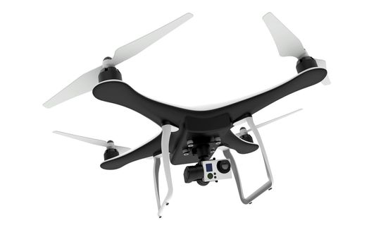 Drone with digital camera flying on a white background: 3D rendering