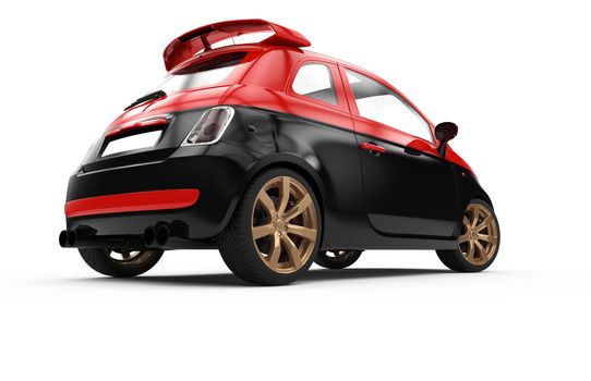 Back of a generic red and black city car isolated on a white background