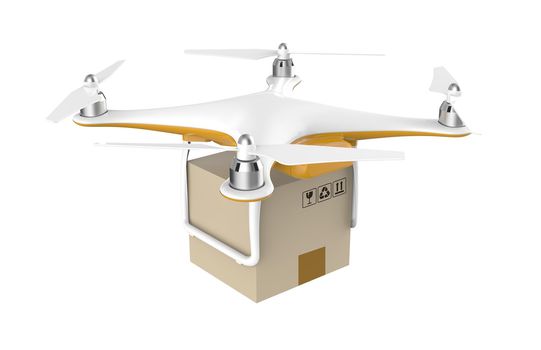 Drone with a delivery box package: 3D rendering