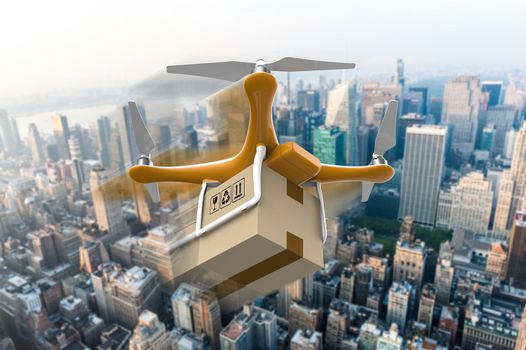 Drone with a delivery box package over a city: 3D rendering