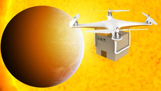 Drone flying with a delivery box package in the space: 3D rendering