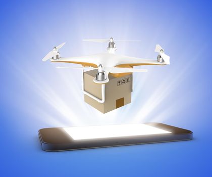 Drone flying with a delivery box package from a smartphone: 3D rendering