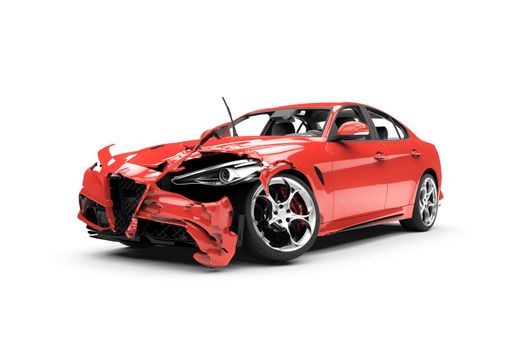 Lateral red car crash on a white background isolated on a white background: 3D rendering