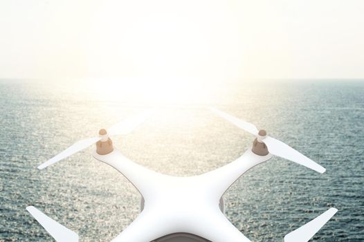 Drone with digital camera flying over sea in sunset: 3D rendering
