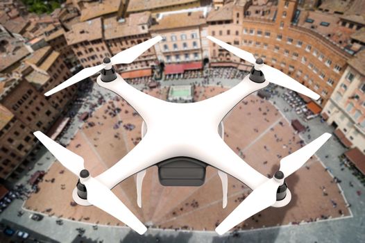 Drone with digital camera flying over a square of an italian city: 3D rendering