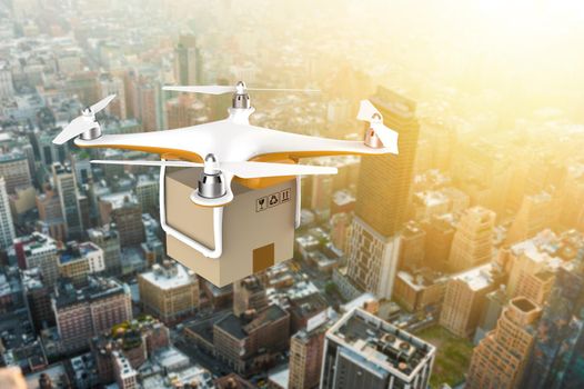 Drone flying with a delivery box package over a sunset city: 3D rendering