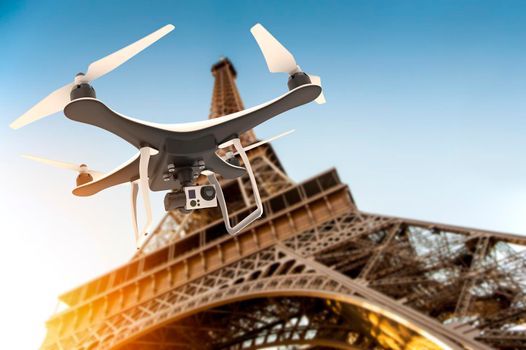 Drone with digital camera flying over Tour Eiffel: 3D rendering