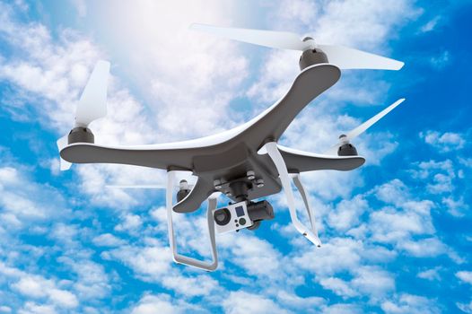 Drone with digital camera flying in a blue sky: 3D rendering