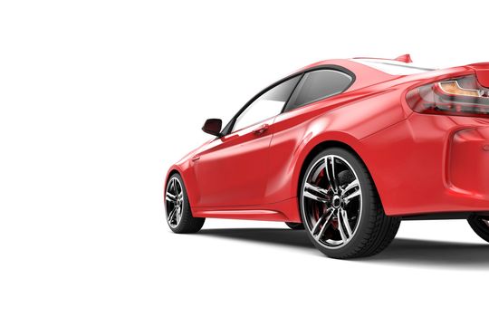 Back of a red luxury car isolated on a white background isolated on a white background: 3D rendering