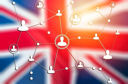 Social networking technologies on a Great Britain flag. Social media concept