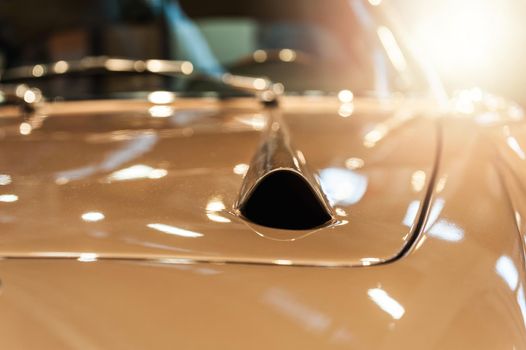 Close up on the hood of a vintage car