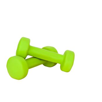 Green dumbbells for sports on a white isolated background. Sports, sports nutrition, healthy eating, diet. Space for text. Go in for sports, lose weight.