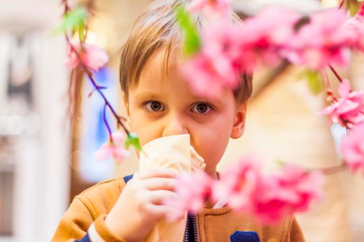 A happy child eats ice cream. A smiling little boy holds 1 ice cream in his hands, hidden by the flowering branches of a tree. Children and sweets