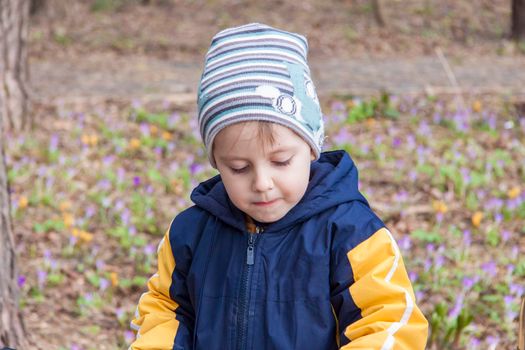 portrait of a cute boy in the park in spring. A boy in a hat on the street. Walk, play and have fun. Emotions, joy. Portrait of a child. Spring