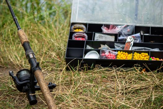 Fishing tackle on the river bank, bait rod, spinning rod, fish. Nature. Selective focus