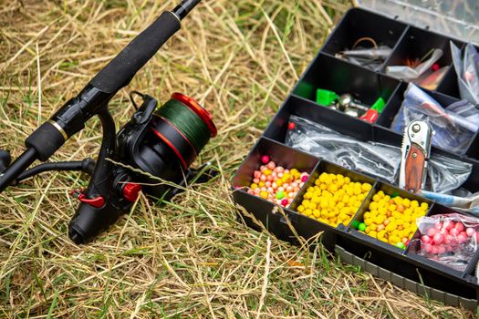 Fishing tackle on the river bank, bait rod, spinning rod, fish. Nature. Selective focus