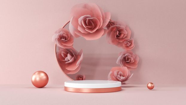 Composition with round scene podium geometry with flowers. Abstract Pastel pink geometric blank platform. Empty showcase pedestal product display for cosmetic presentation. 3d Rendering.