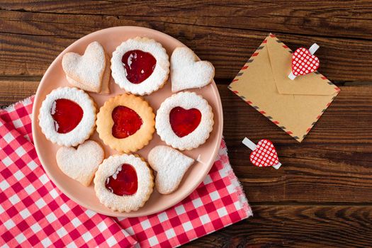 top view heart shaped cookies plate with jam