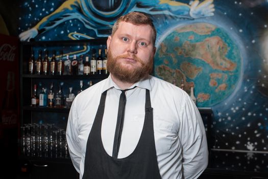 Bearded Adult Caucasian Looking Professional Bartender Portrait in Nightclub.