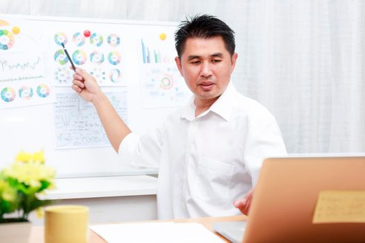 Asian businessman talking with team via video conference analysis report chart paper on whiteboard. business people using laptop for online meeting. Man using speak with customers. work from home concept.