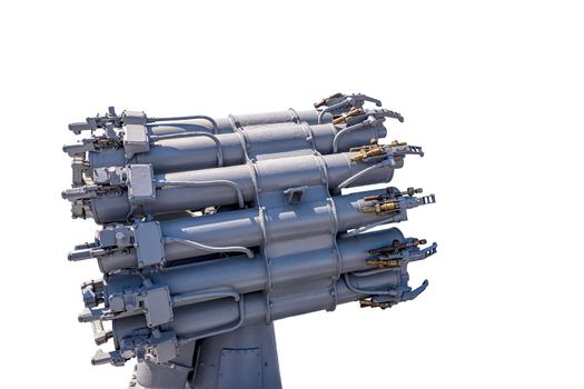 A dangerous weapon ship launcher. The battery of guns of gray. For the defense of military ships, Isolated on white background