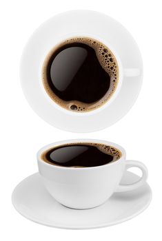 Top view and side view coffee cup collection, coffee cup assortment with shape sign collection isolated on white background. Save with clipping path