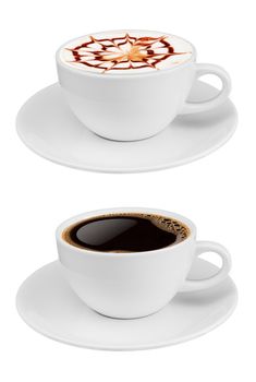 Side view coffee cup collection, coffee cup assortment with shape sign collection isolated on white background. Save with clipping path