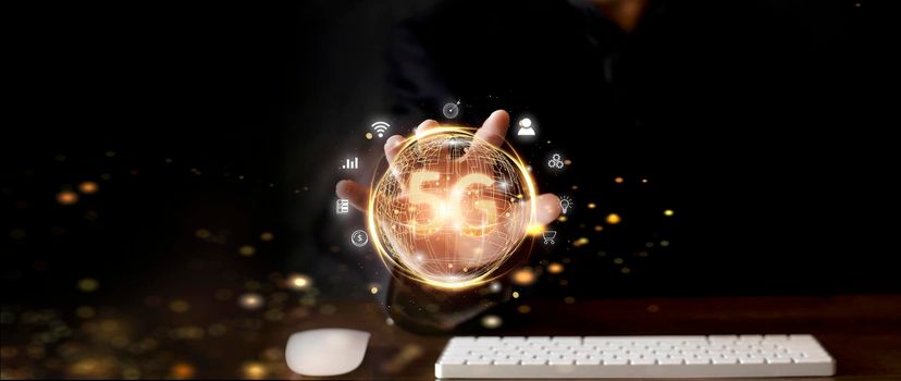 Man hand show 5G logo connect to cloud  Digital transformation, new technology and business process strategy, automate operation, customer service management, social network.