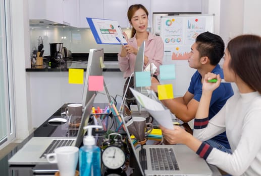 Asian small business start up working at Private Home Office social distancing covid-19 outbreak . Business people show and talking about document chart financial report. Start up teamwork brainstorm