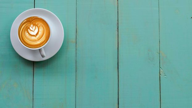 Coffee Mug on Wooden Table. Top view cup of coffee on wooden table. Close up hot coffe in white cup on wood table.
