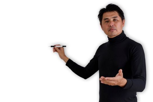 Business man pointing with pen on white background. Teacher, professor in hand hold white board marker isolated on white bakcground