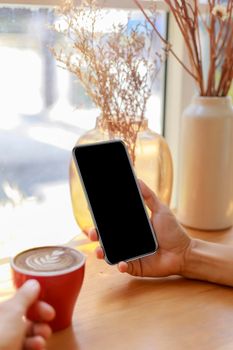 Hands of woman using mobile phone, cell phone in coffee shop. Hands of women holding blank empty screen smart phone in cafe. Women relax with mobile phone sit in restaurant