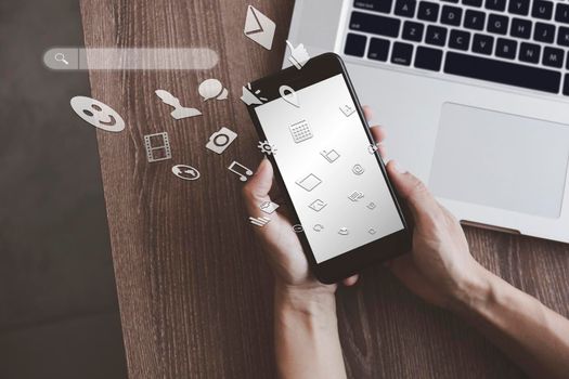 top view women hands using mobile phone. Close up women hand use smart phone connect to internet for application technology digital marketing Financial and banking shopping. Digital link tech, big data.