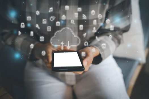Women using mobile phone. Close up women hand use smartphone connect to clouds network internet for lifestyle technology digital marketing Financial and banking shopping. Digital link tech, big data.