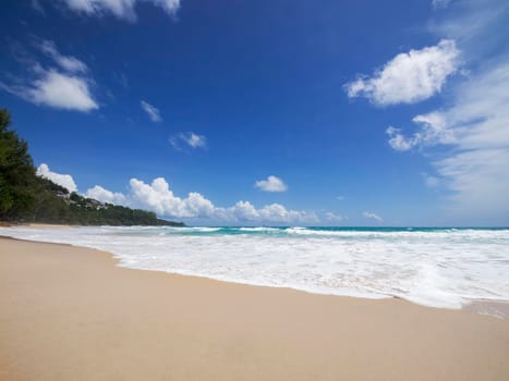 Beautiful tropical beach with blue sky abstract texture background. Copy space of summer vacation and holiday business travel concept. Phuket, Thailand. Paradise beach and freedom beach.