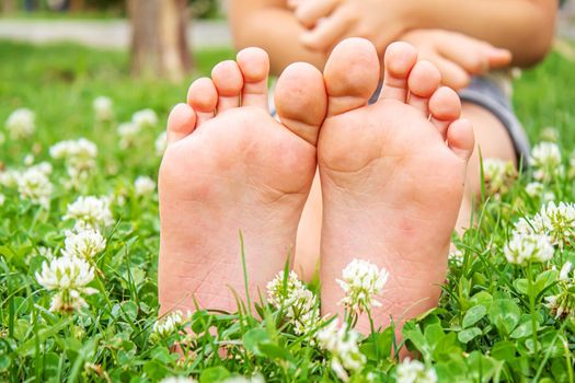 Baby feet on the green grass. Selective focus. nature.