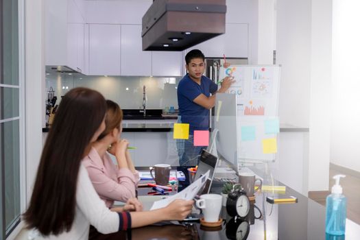 Asian Business Team brainstorm meeting. Business start up working at Private Home Office. New generation business people working New business development, Startup concept.