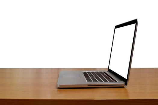 Laptop or notebook with blank white screen on wood table white background. Laptop with empty screen for text or design.