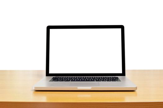 Laptop or notebook with blank white screen on wood table white background. Laptop with empty screen for text or design.