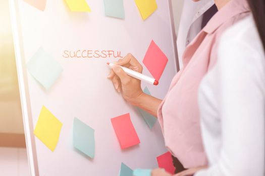 Business Team brainstorm meeting. Group of business people working at Private Home Office. Close up businesswoman writing SUCCESSFUL on white board,