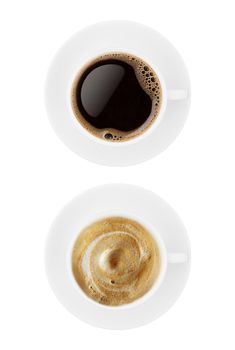Top view coffee cup collection, coffee cup assortment with shape sign collection isolated on white background. Save with clipping path