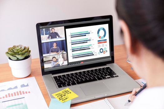 Businessman and businesswoman analysis financial chart with videoconference online meeting. Hand of businesswomen using laptop meeting with diverse colleagues. Covid-19 working from home. With copy space banner