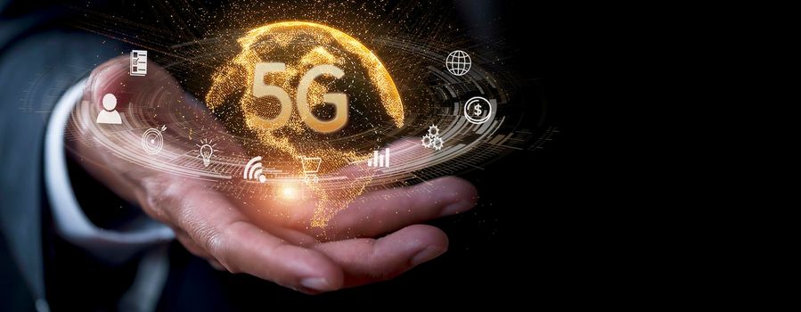 Hand business man show global network connection 5G. Global network connection 5G with icon concept Technology network wireless systems and internet of things, new technologies coming up in the future