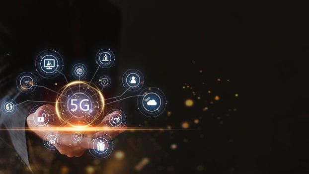Man hand show 5G logo connect to cloud  Digital transformation, new technology and business process strategy, automate operation, customer service management, social network.