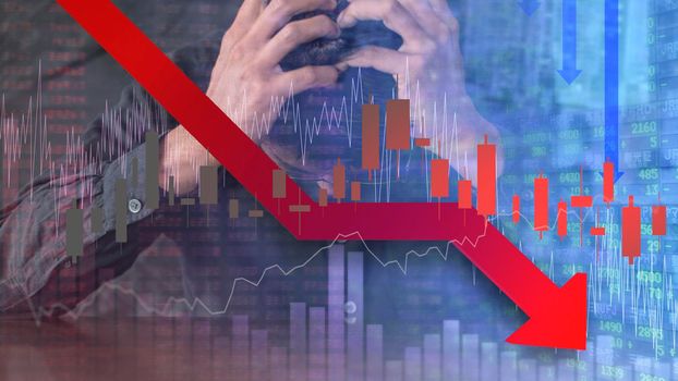 All world stock fail background and digital red number on stock board. Concept of financial crisis. Stock market down trend and despair broker man on graph and number with bearis time. 