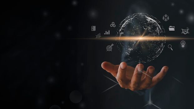 Hand of businessman with global internet connection application technology and digital marketing, Financial and banking, Digital link tech, big data. business concept