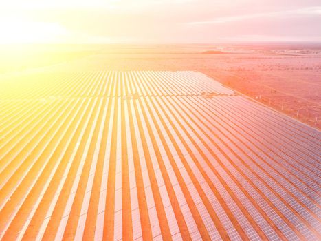 Aerial top view of a solar panels power plant. Photovoltaic solar panels at sunrise and sunset in countryside from above. Modern technology, climate care, earth saving, renewable energy concept