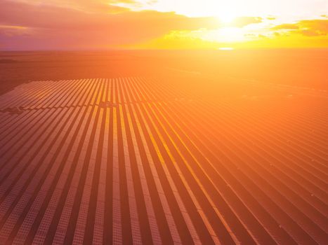 Aerial top view of a solar panels power plant. Photovoltaic solar panels at sunrise and sunset in countryside from above. Modern technology, climate care, earth saving, renewable energy concept