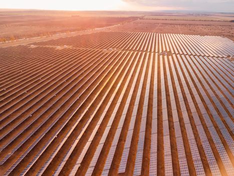 Aerial top view of a solar panels power plant. Photovoltaic solar panels at sunrise and sunset in countryside from above. Modern technology, climate care, earth saving, renewable energy concept