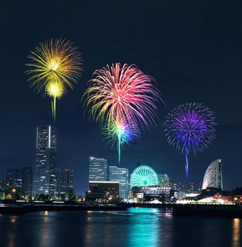 Fireworks celebrating over  marina bay in Yokohama City, Japan